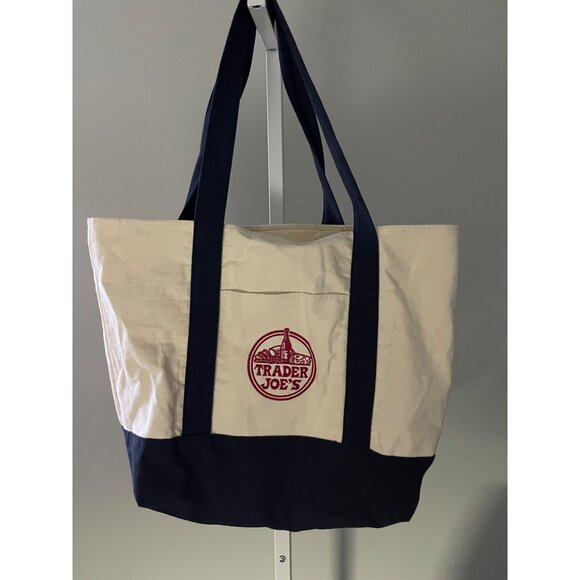 Trader Joes Canvas Tote Bag With Logo Navy & Beige 18"x14" - Picture 1 of 6